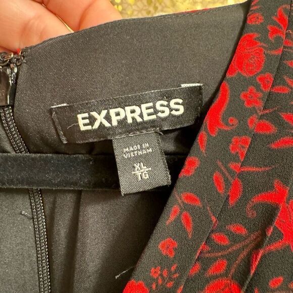 Express Black Red Rose Floral Pleated Long Sleeve V Neck Dress XL - Picture 5 of 11